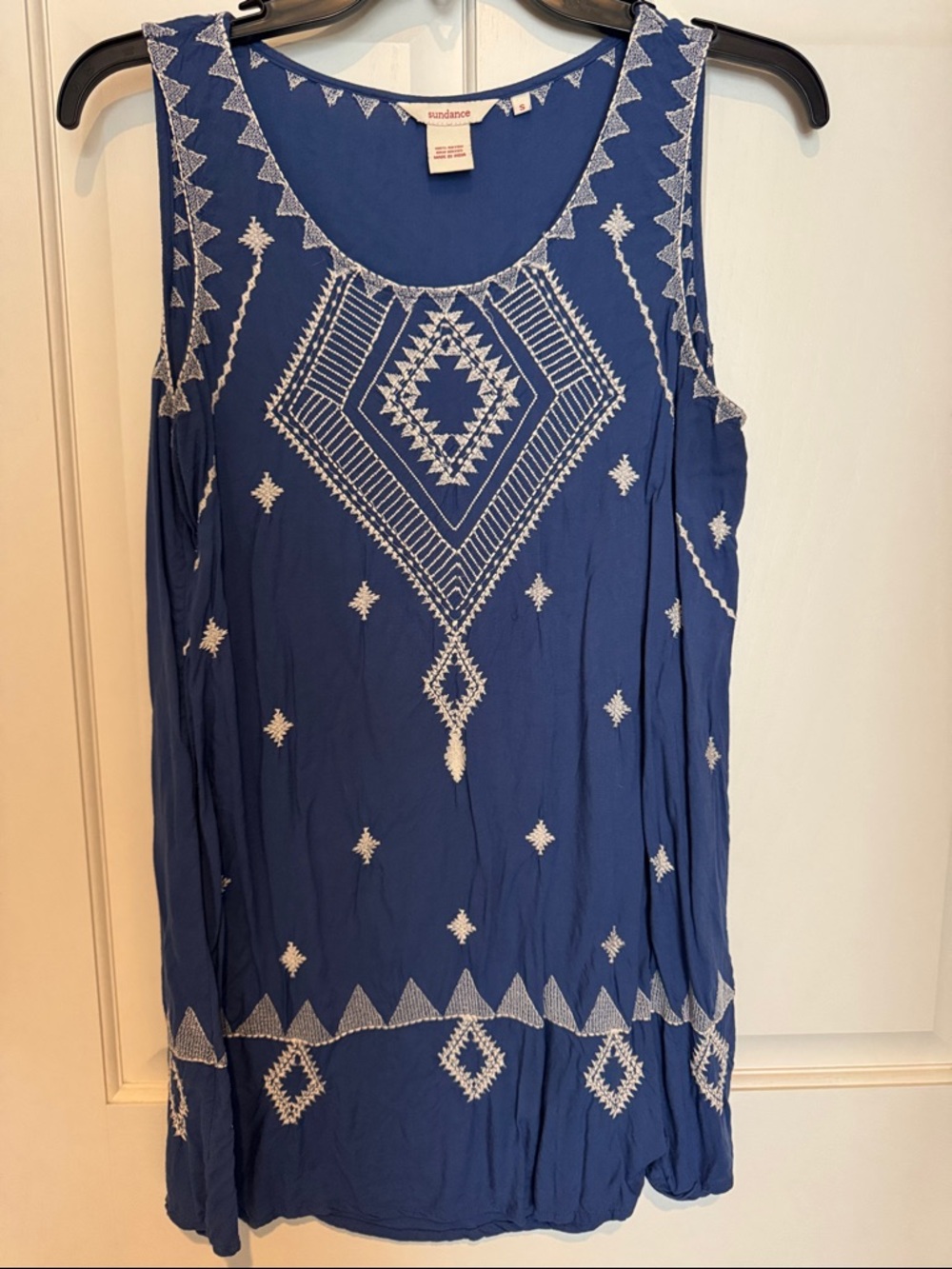 Sundance Blue Tank with White Geometric Embroidery